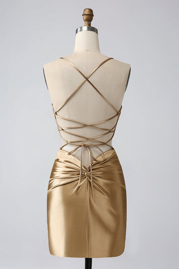 Gold Bodycon Spaghetti stropper Satin Cocktailkjole med Criss Cross Back